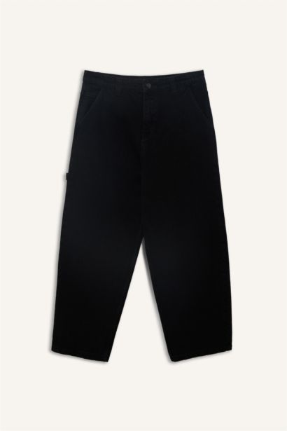 %100 Pamuk Skater Fit Geniş Kalıp Yüksek Bel Geniş Paça Siyah Jean Pantolon