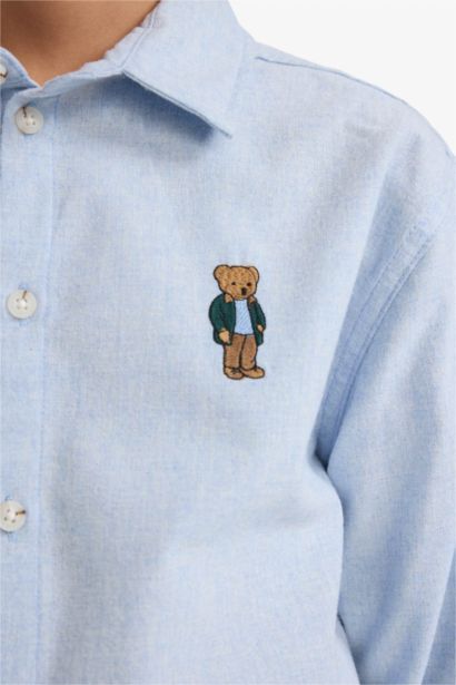 Oversize Geniş Kalıp Ayı Nakışlı Polo Yaka Flanel Uzun Kollu Gömlek Erkek Çocuk