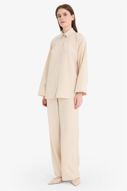 Relax Fit 2'li Takım Gofre Dokulu Uzun Kollu Gömlek Pantolon