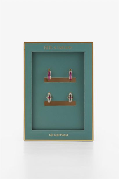 Reis x DeFacto Gold Plated Rosa Alba 2 Piece Purple Stone Gold Earrings