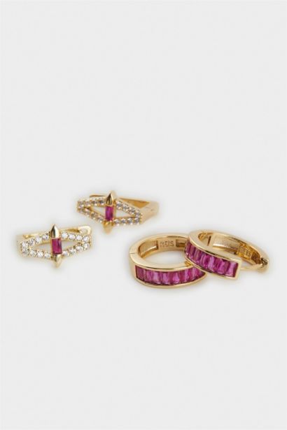 Reis x DeFacto Gold Plated Rosa Alba 2 Piece Purple Stone Gold Earrings