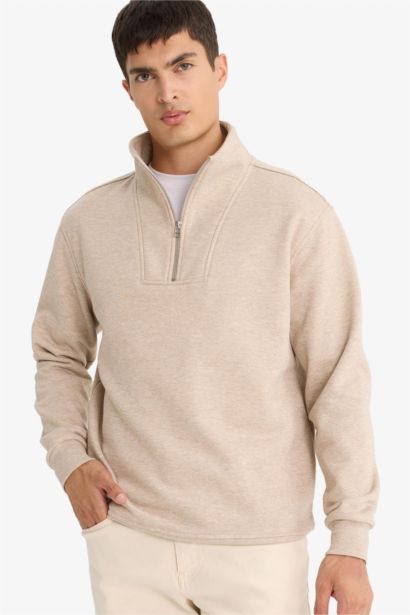 Regular Fit Stand Collar Half Zippered Sweatshirt