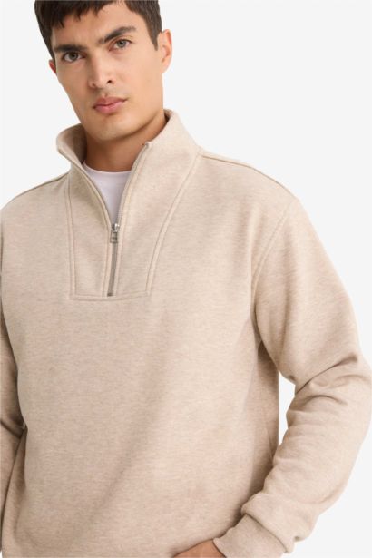 Regular Fit Stand Collar Half Zippered Sweatshirt