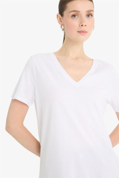 Regular Fıt V Yaka Basıc Düz Penye Kısa Kollu Tişört