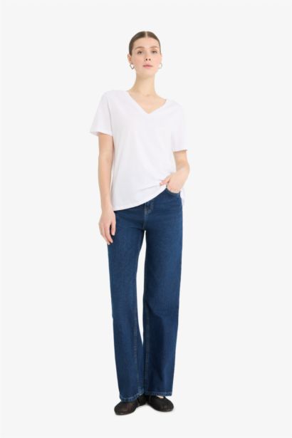 Regular Fıt V Yaka Basıc Düz Penye Kısa Kollu Tişört