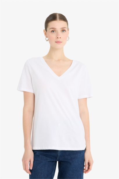 Regular Fıt V Yaka Basıc Düz Penye Kısa Kollu Tişört