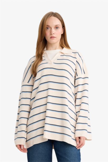 Pull Tunique en tricot à col polo Coupe régulière