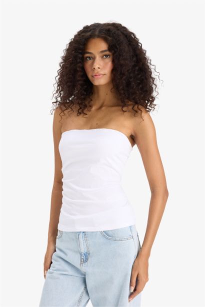 Slim Fit Dar Kesim Straplez Beyaz Bluz