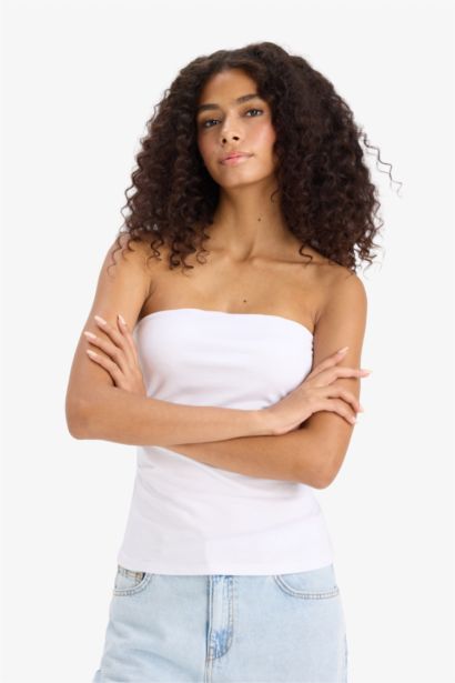 Slim Fit Dar Kesim Straplez Beyaz Bluz