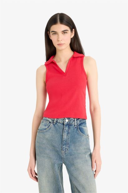 Slim Fit Polo Neck Ribbed Red Tank Top
