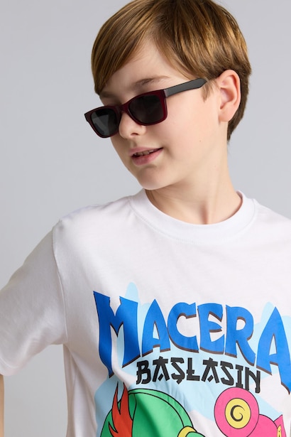 Boy Round Burgundy Plastic Frame Black Lens Sunglasses