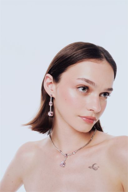 DCEY x DeFacto Kadın Pembe Taşlı Kolye Küpe Seti