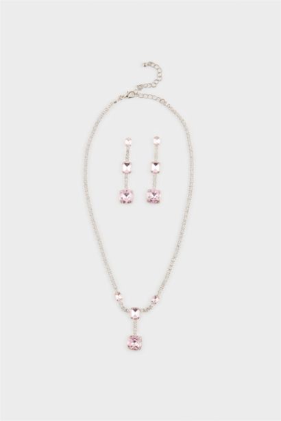DCEY x DeFacto Kadın Pembe Taşlı Kolye Küpe Seti