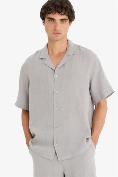 Linen Relax Fit Open Neck Short Sleeve Shirt