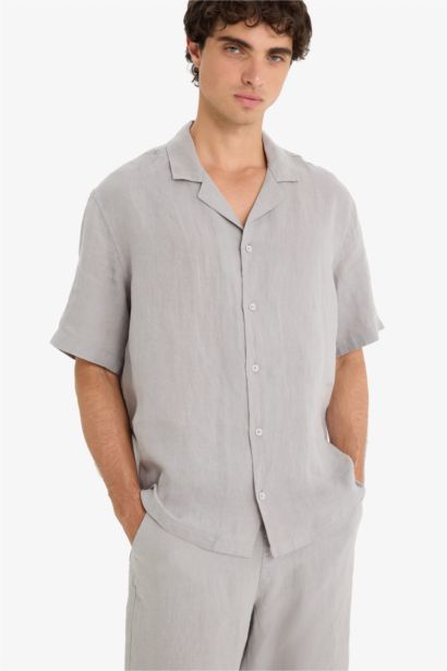 Linen Relax Fit Open Neck Short Sleeve Shirt