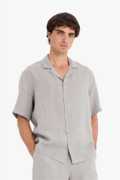 Linen Relax Fit Open Neck Short Sleeve Shirt
