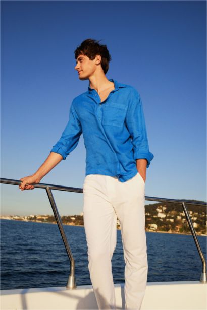 قميص كتان ردن طويل قصة مريحة