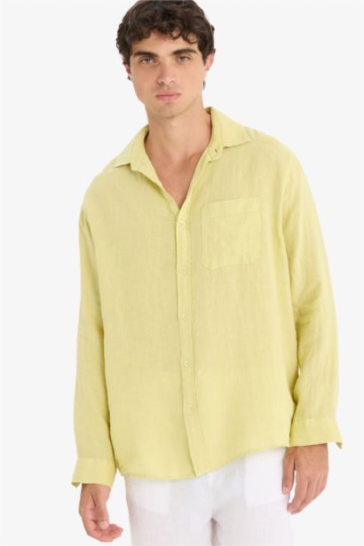 قميص كتان كم طويل قصة مريحة