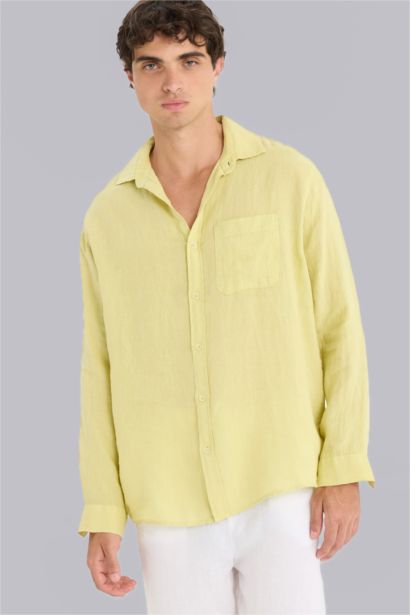 %100 Keten Relax Fit Uzun Kollu Gömlek