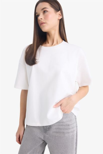 Coool Loose Fit Basic Düz Kısa Kollu Beyaz Tişört