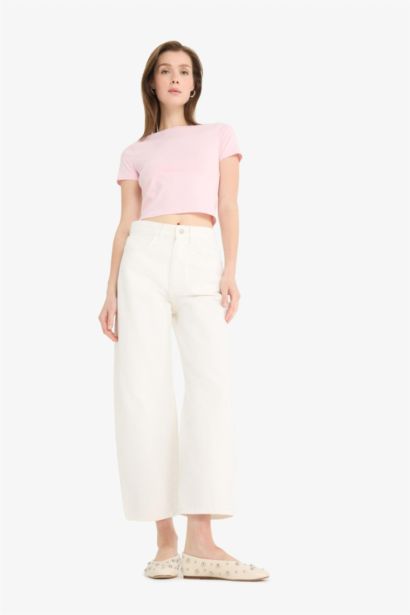 Barrel Fit Normal Waist Ankle Length White Jeans