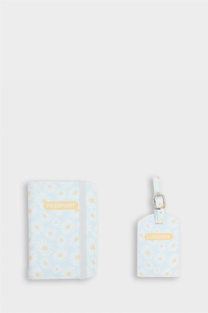 Kadın Çiçekli Suni Deri Pasaportluk ve Valiz İsimliği Set