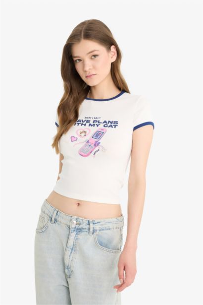 T-shirt slim côtelé imprimé à col rond et manches courtes