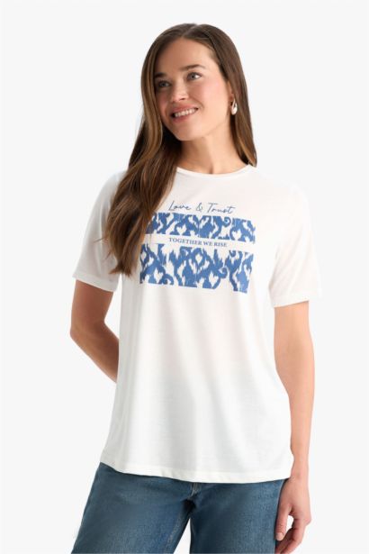 Regular Fit Bisiklet Yaka Baskılı Kısa Kollu Tişört