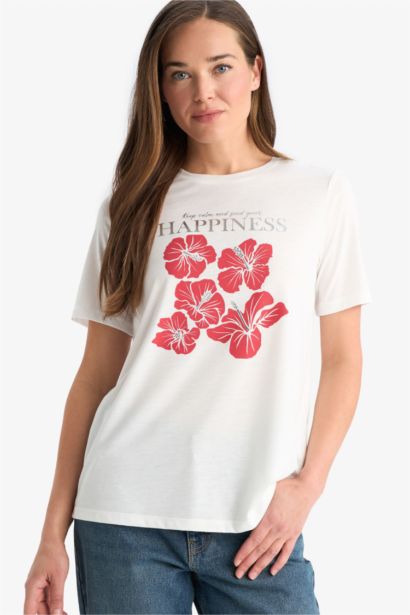 Regular Fit Bisiklet Yaka Baskılı Kısa Kollu Tişört