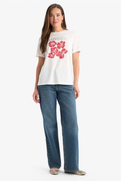 Regular Fit Bisiklet Yaka Baskılı Kısa Kollu Tişört