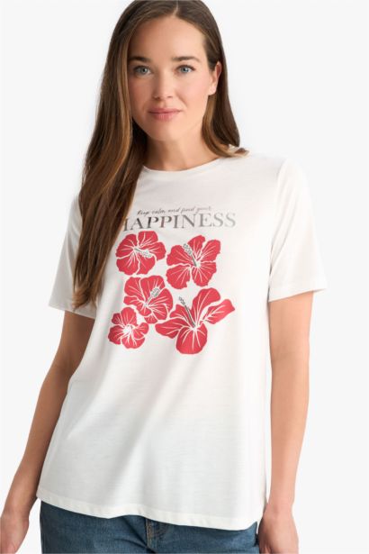 Regular Fit Bisiklet Yaka Baskılı Kısa Kollu Tişört