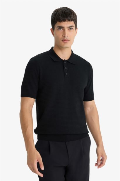 Standard Fit Polo Neck Knit Short Sleeve T-Shirt