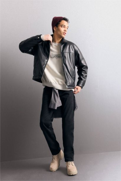 جاكيت جلد صناعي قصة مريحة وياخة بولو