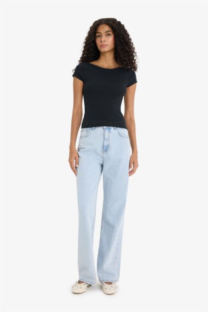 Slim Fit Boat Neck Ribbed Camisole Black T-Shirt