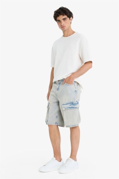 Baggy Fit Cargo Denim Cotton Bermuda Shorts