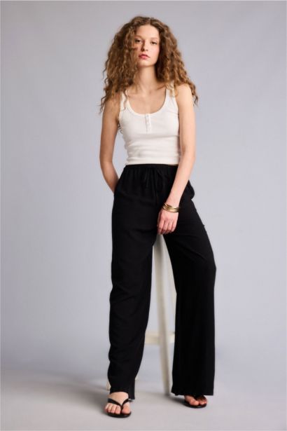 Wide Leg With Pockets Linen Blended Trousers