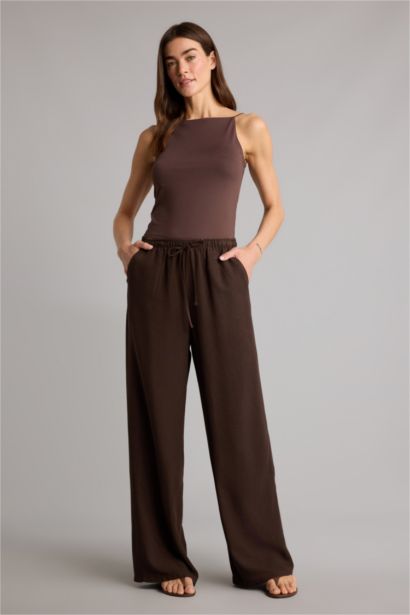 Wıde Leg Cepli Yüksek Bel Standart Boy Keten Karışımlı Pantolon