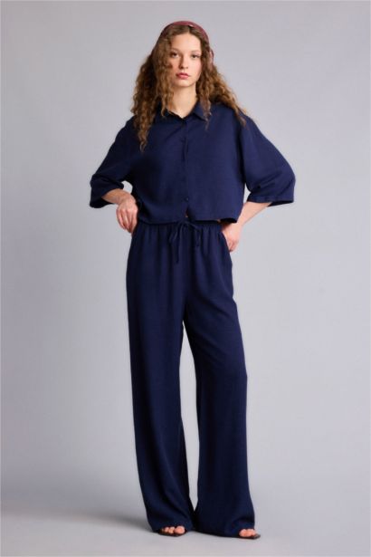 Wıde Leg Cepli Yüksek Bel Standart Boy Keten Karışımlı Pantolon