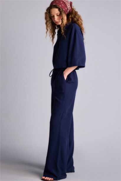 Wıde Leg Cepli Yüksek Bel Standart Boy Keten Karışımlı Pantolon