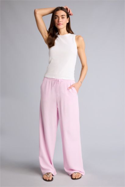 Wıde Leg Yüksek Bel Keten Karışımlı Pantolon
