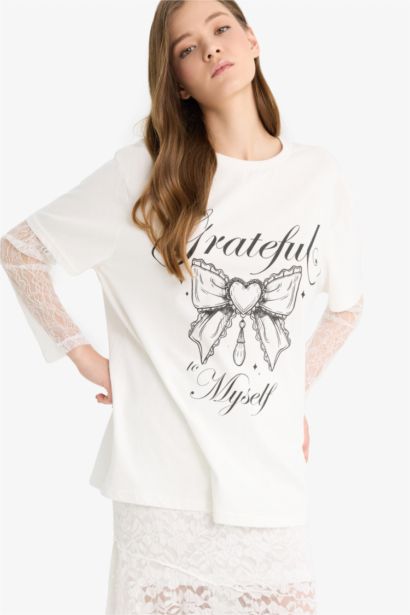 Oversize Fit Printed Long Sleeve White T-Shirt