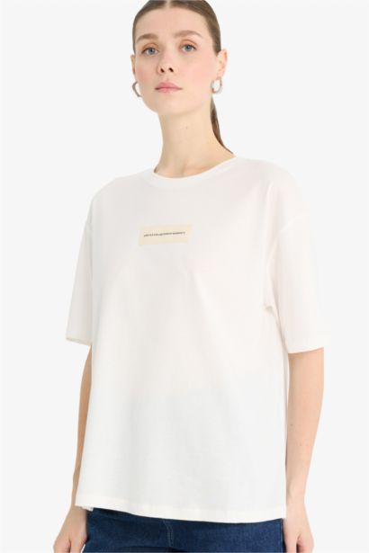 Relax Fit Crew Neck Applique Printed Cotton T-Shirt