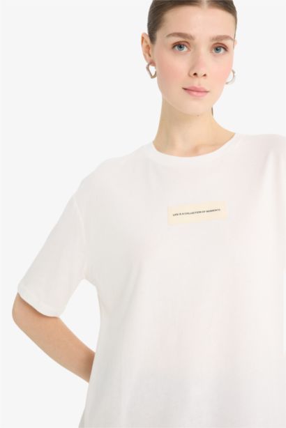 Relax Fit Crew Neck Applique Printed Cotton T-Shirt