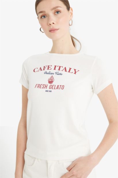 Regular Fit Bisiklet Yaka Baskılı Ribana Kısa Kollu Tişört