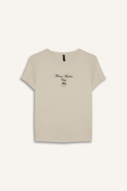 Regular Fit Crew Neck Slogan Printed Ribbon T-Shirt