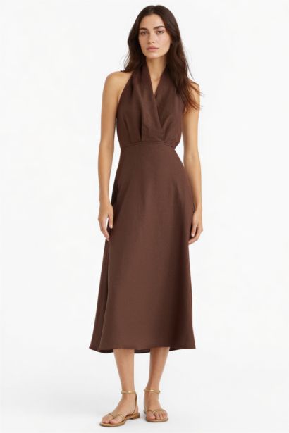 فستان ميدي فلير فيت من مزيج الكتان برباط من الرقبة