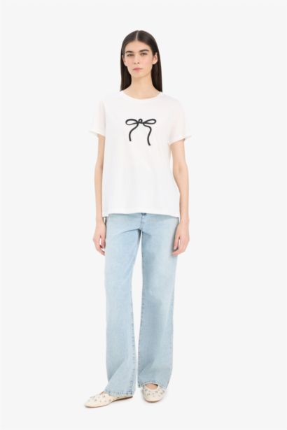 %100 Pamuk Regular Fıt Aplike Baskılı Penye Tişört