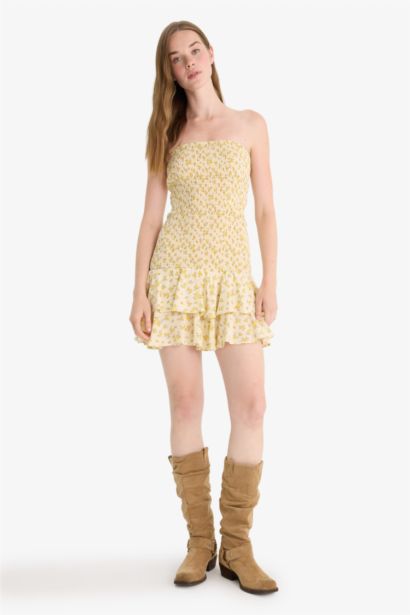 Straplez Çiçek Desenli Mini Elbise