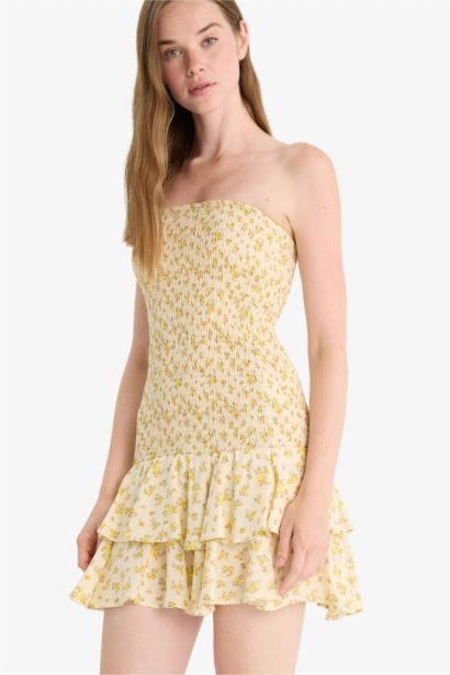 Straplez Çiçek Desenli Mini Elbise