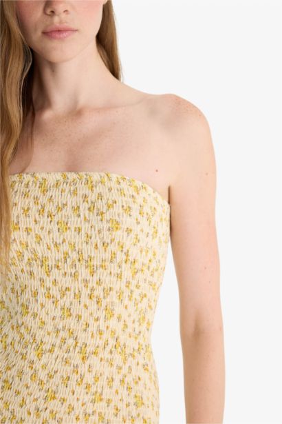 Straplez Çiçek Desenli Mini Elbise